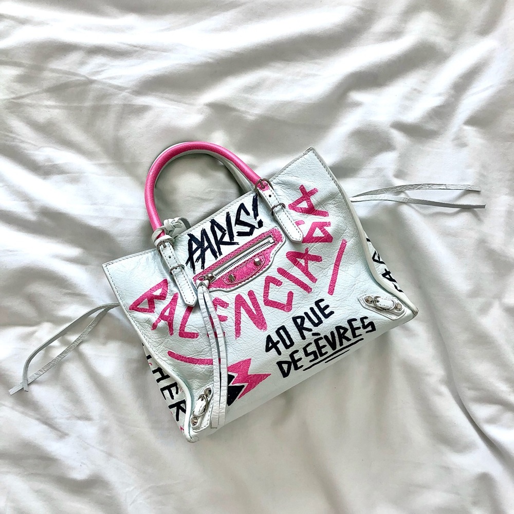 BALENCIAGA GRAFFITI CLASSIC CITY WHITE MINI BAG